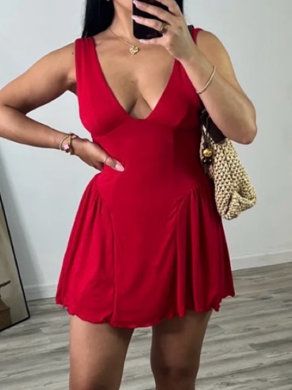 Red V-Neck Sleeveless Mini Dress